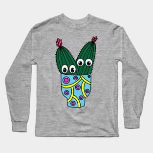 Cute Cactus Design #289: Potted Cacti In Funky Pot Long Sleeve T-Shirt